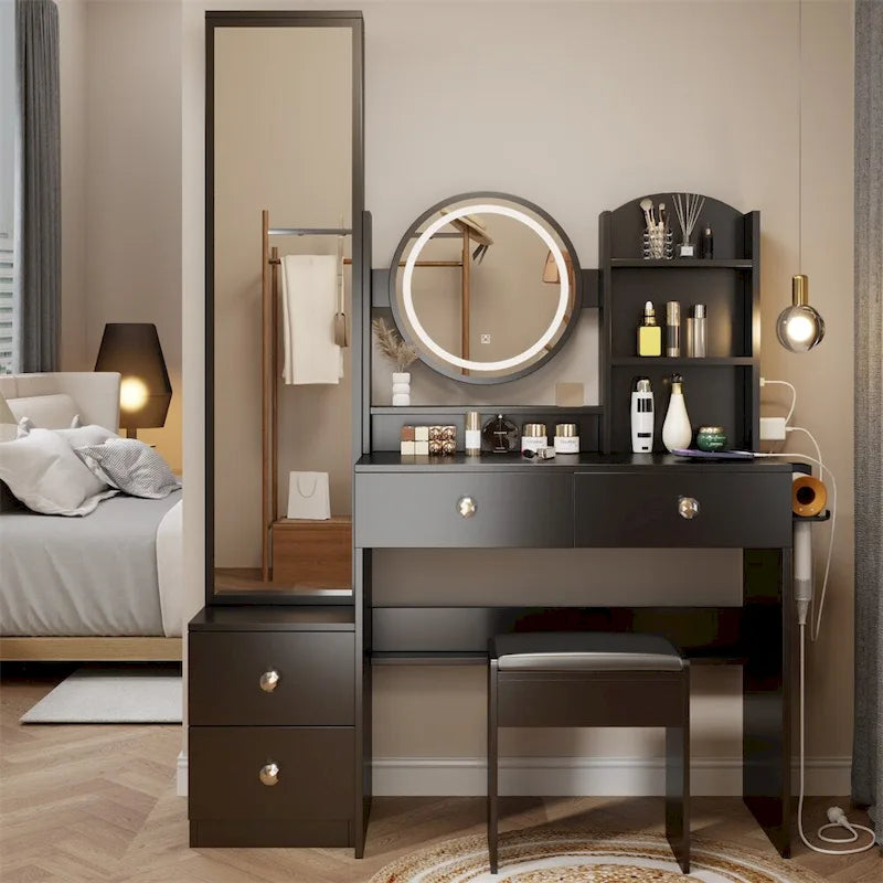 Coiffeuse Miroir LED avec Tabouret Rembourré & 2 Prises CA + 2 Ports USB