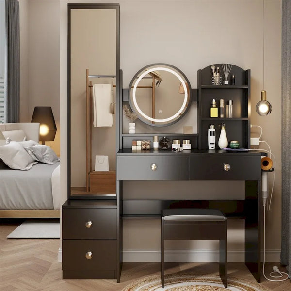 Coiffeuse Miroir LED avec Tabouret Rembourré & 2 Prises CA + 2 Ports USB
