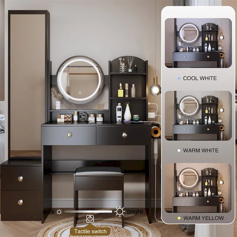 Coiffeuse Miroir LED avec Tabouret Rembourré & 2 Prises CA + 2 Ports USB