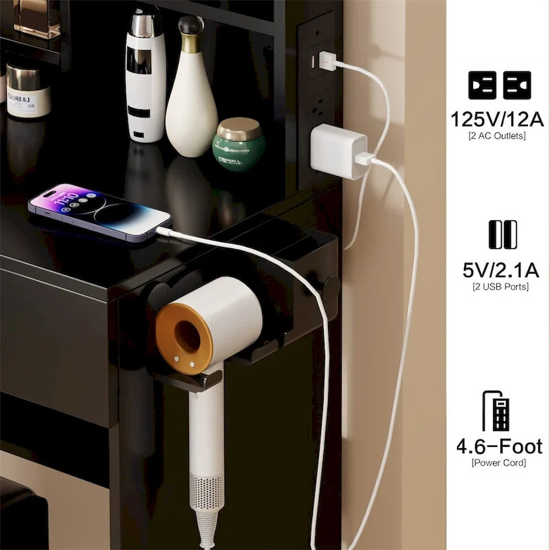 Coiffeuse Miroir LED avec Tabouret Rembourré & 2 Prises CA + 2 Ports USB