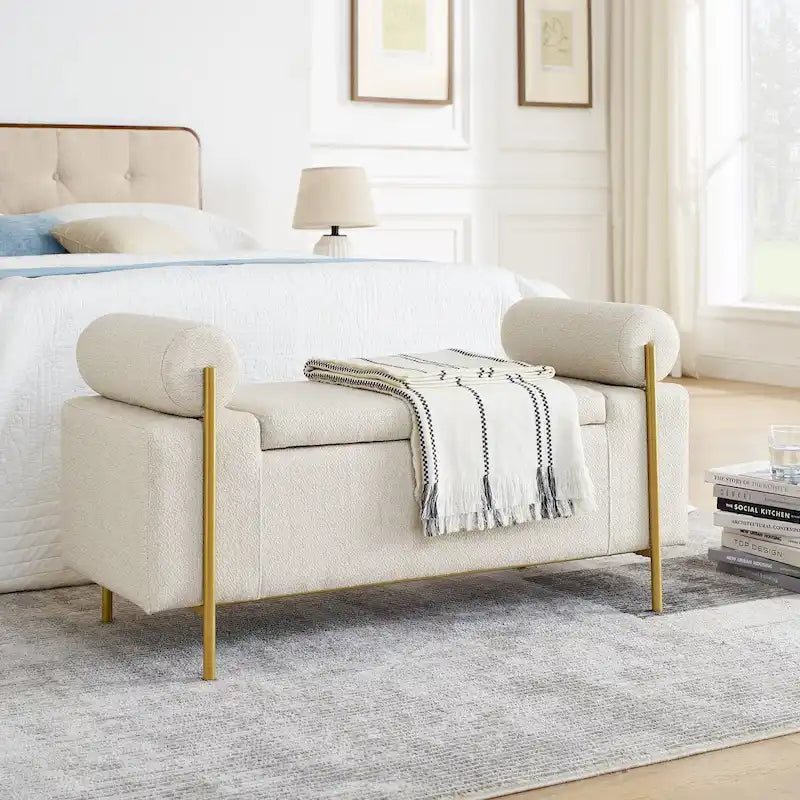 Banc de rangement capitonné en velours avec accoudoirs cylindriques