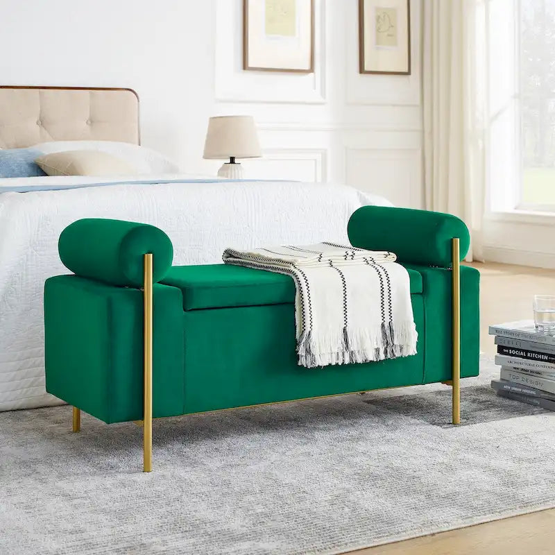Banc de rangement capitonné en velours avec accoudoirs cylindriques