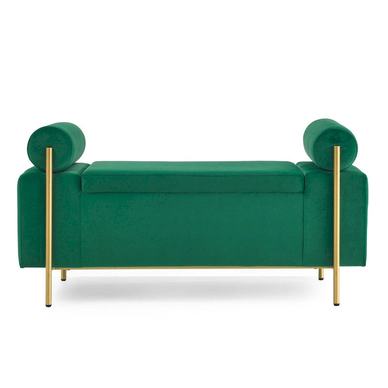 Banc de rangement capitonné en velours avec accoudoirs cylindriques