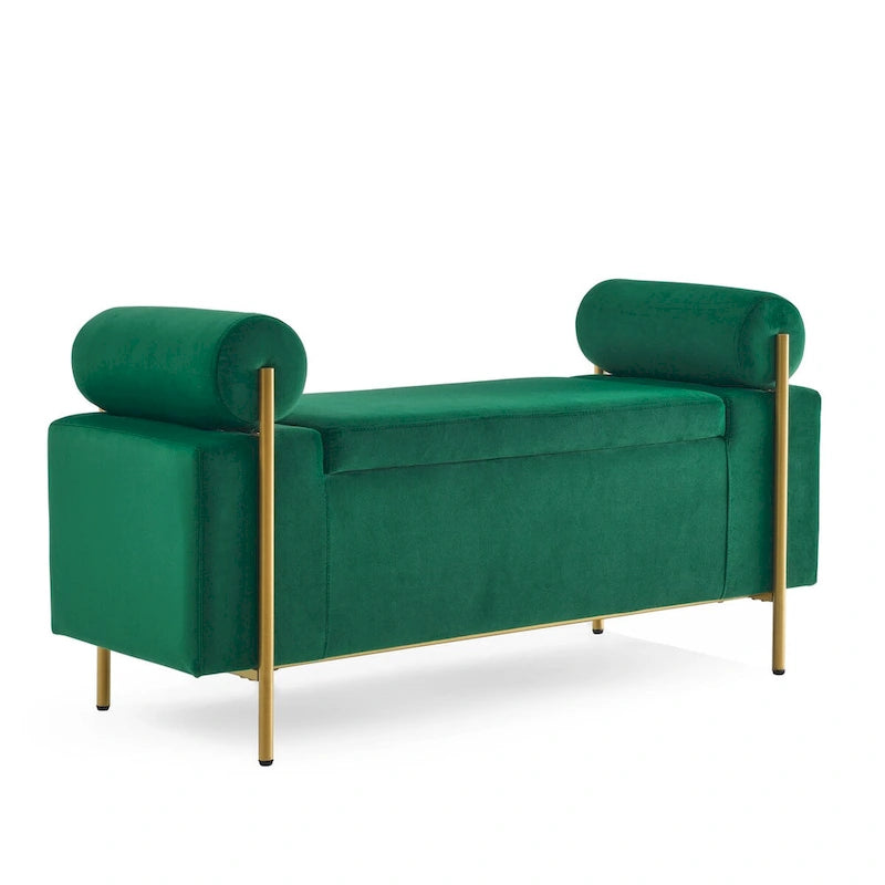 Banc de rangement capitonné en velours avec accoudoirs cylindriques