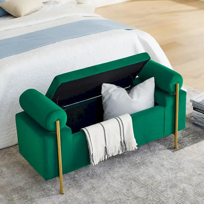 Banc de rangement capitonné en velours avec accoudoirs cylindriques