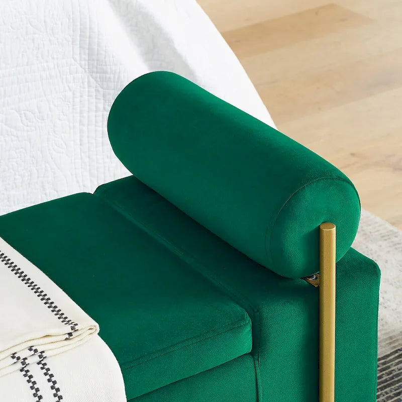 Banc de rangement capitonné en velours avec accoudoirs cylindriques