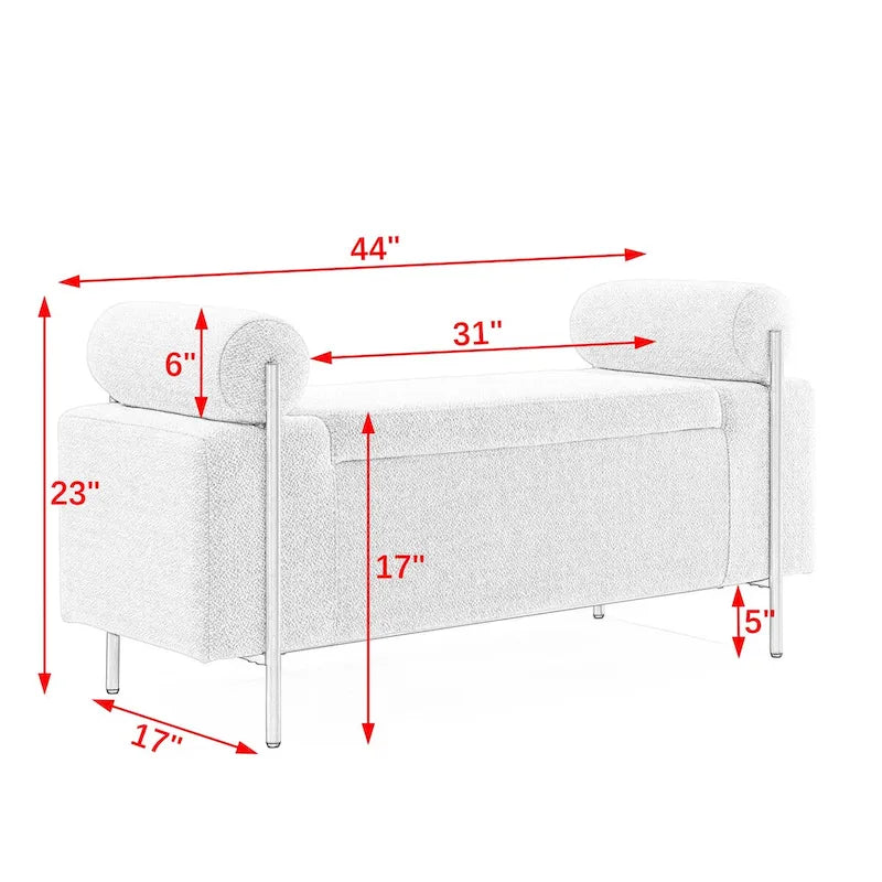 Banc de rangement capitonné en velours avec accoudoirs cylindriques