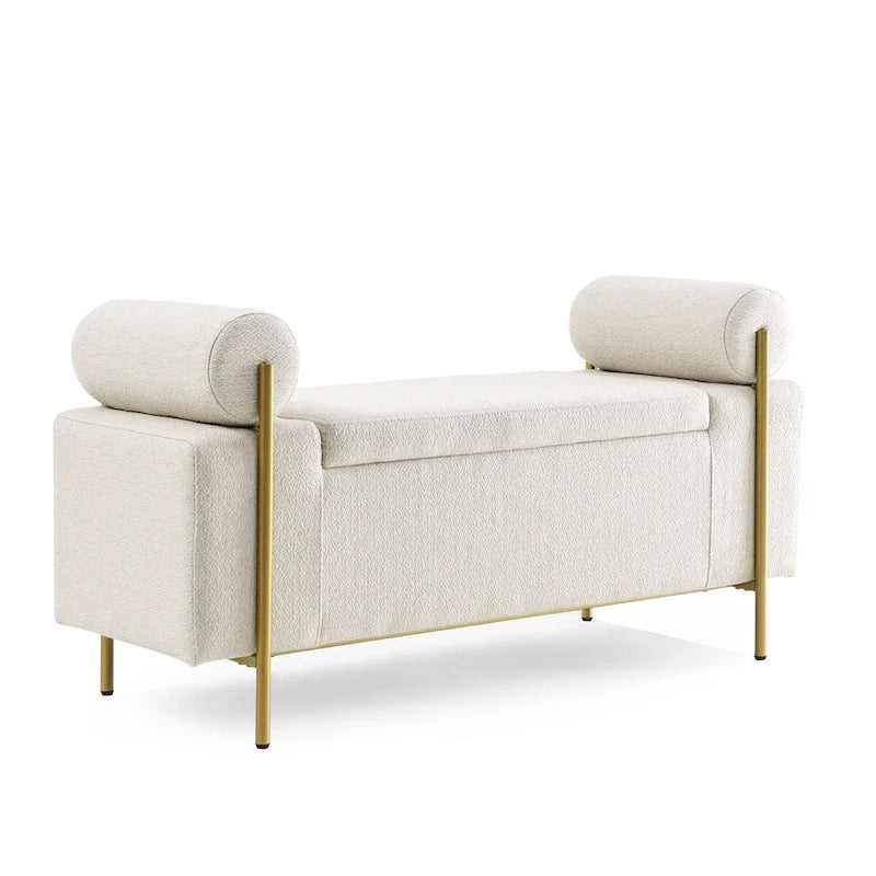 Banc de rangement capitonné en velours avec accoudoirs cylindriques