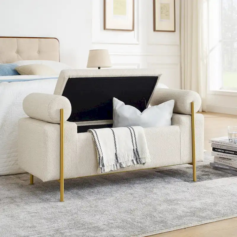 Banc de rangement capitonné en velours avec accoudoirs cylindriques