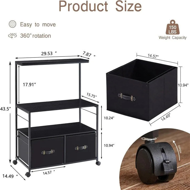 Meuble de classement latéral mobile support d'imprimante roulant avec 3 étagères de rangement ouvertes - 40 P x 80 L x 110 H cm