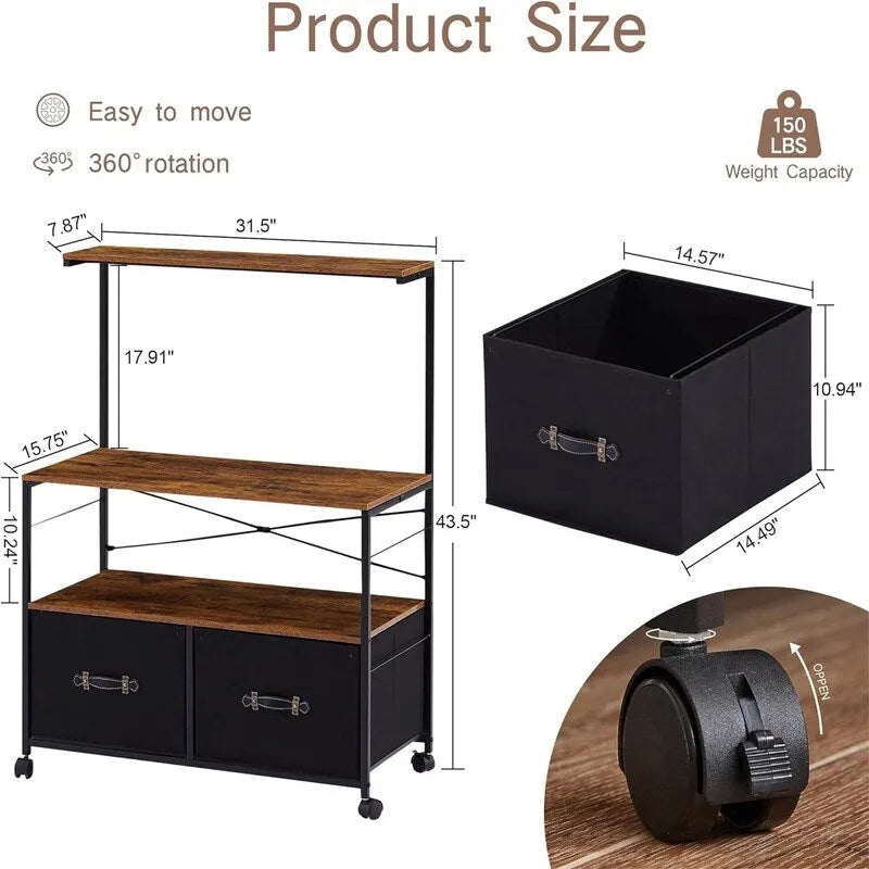Meuble de classement latéral mobile support d'imprimante roulant avec 3 étagères de rangement ouvertes - 40 P x 80 L x 110 H cm