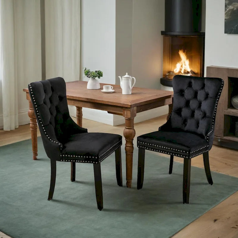 Chaises de salle à manger capitonnées en velours avec pieds en bois et garniture cloutée, lot de 2