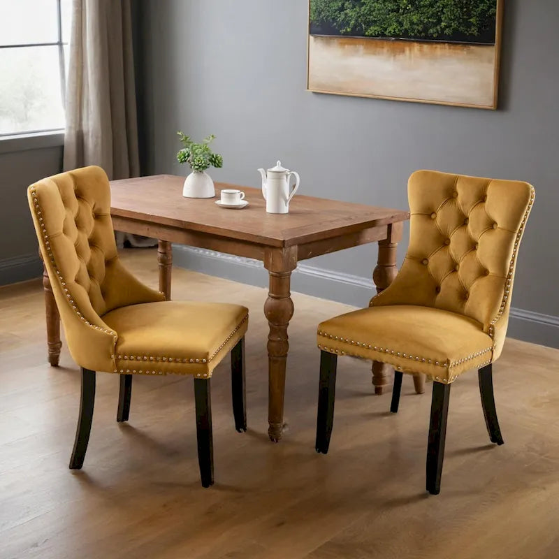 Chaises de salle à manger capitonnées en velours avec pieds en bois et garniture cloutée, lot de 2