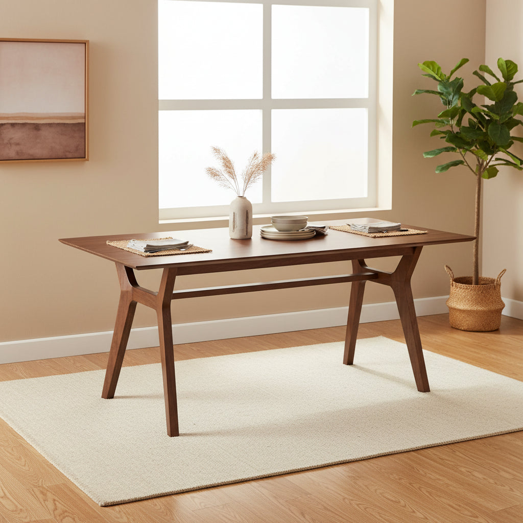 Thoi Dining Table, 71 Inch, Retro Angled Legs, Brown Solid Rubberwood