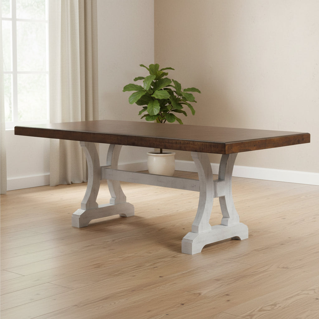 Dining Table with Trestle Base and Extension Leaf, Black and Brown